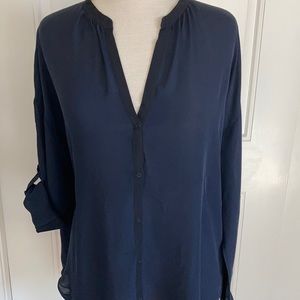 Vince Long Sleeve Navy Silk Blouse- SZ L